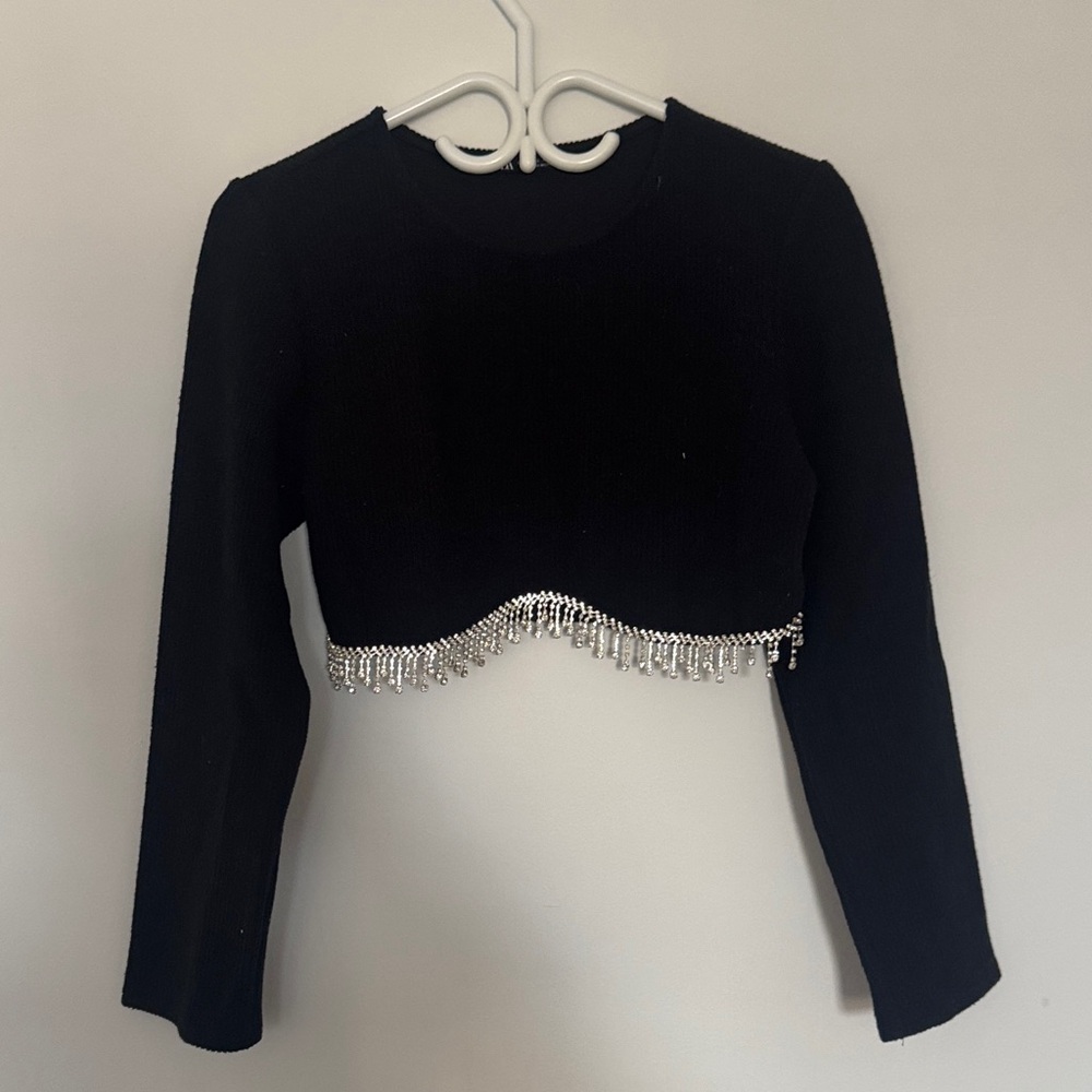 Zara Black Crop Top with Silver Beaded Hem